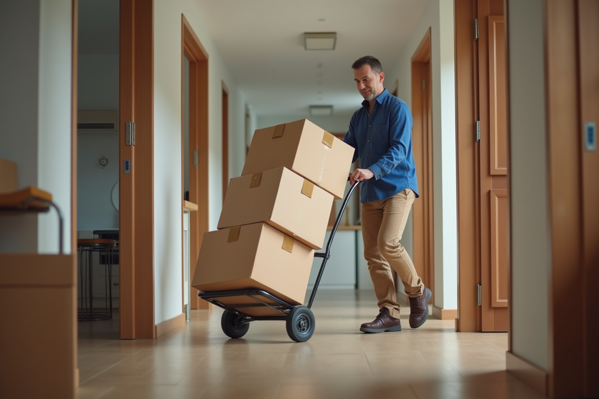 Homme middleaged poussant des cartons dans un couloir d