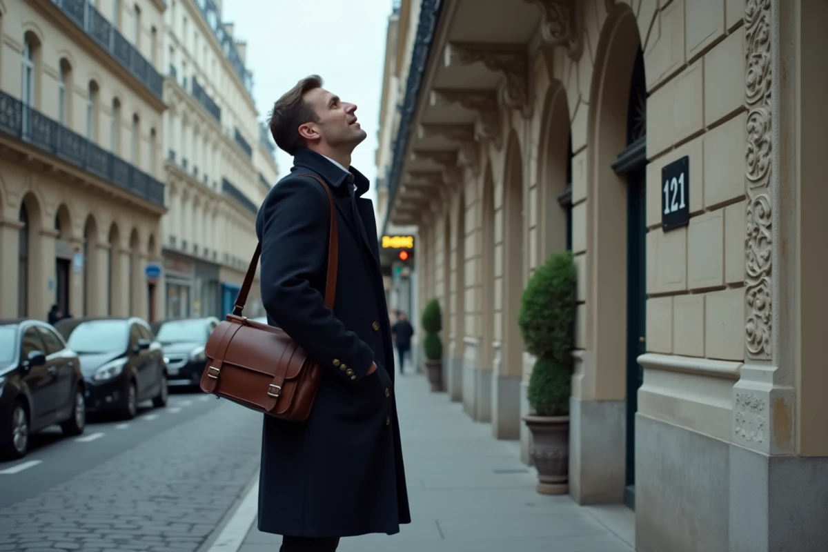 Homme devant un immeuble haussmannien au 121 rue Manin dans le 19e arrondissement de Paris
