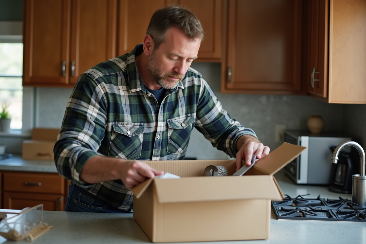 Homme emballant des ustensiles de cuisine dans une cuisine chaleureuse