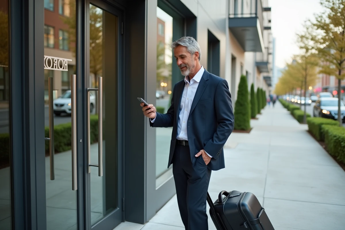 Homme d affaires vérifiant message devant immeuble moderne