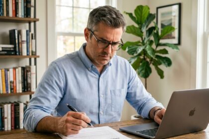 Un homme d'une quarantaine d'années examine attentivement un contrat d'assurance emprunteur à son bureau à domicile