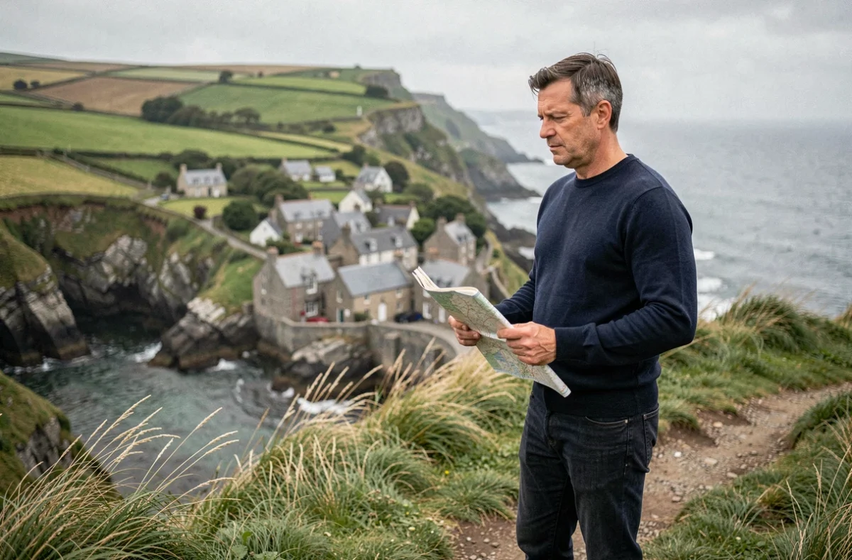 Homme observant une ville côtière normande depuis les falaises, dans une démarche de repérage immobilier en bord de mer