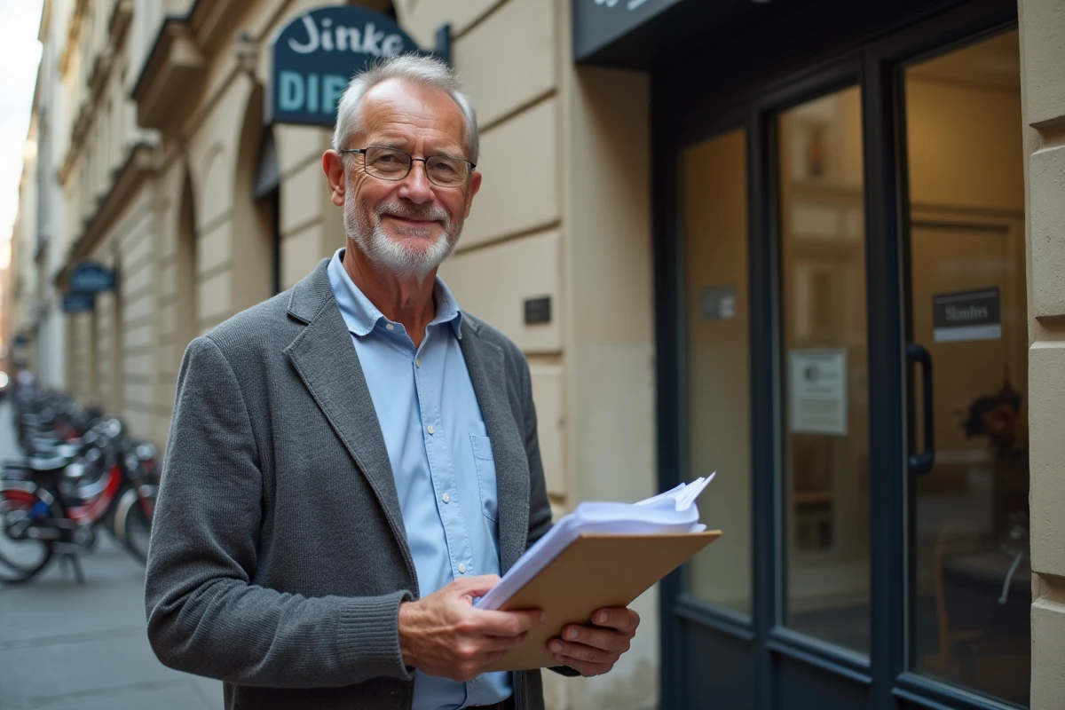 Homme français debout avec documents devant une banque en ville