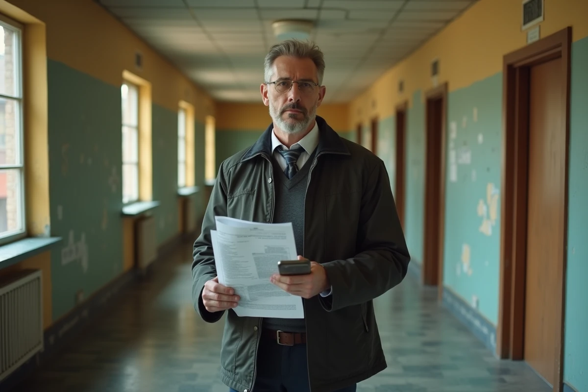 Homme d age tenant documents dans un couloir d immeuble ancien