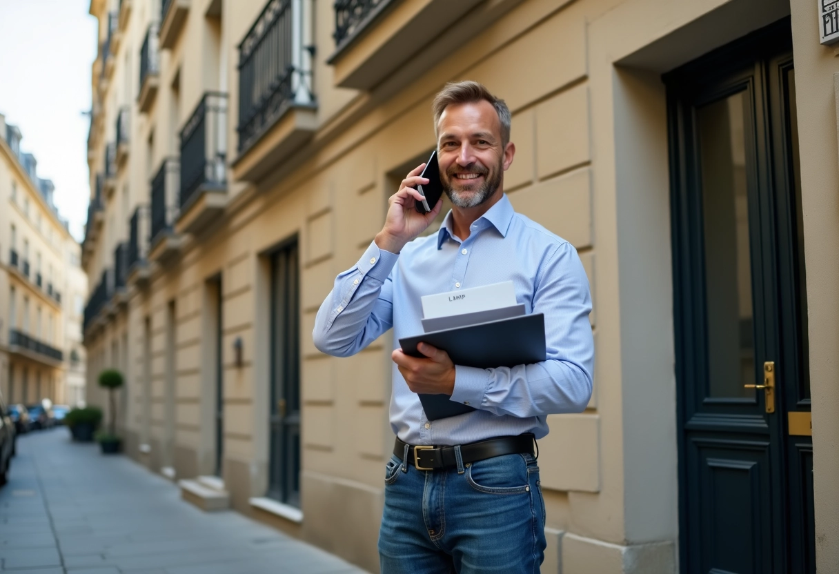 Homme confiant devant un immeuble haussmannien