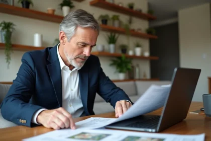 Homme d'âge moyen en blazer bleu examine des annonces immobilières