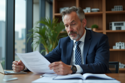 Homme d'âge moyen en costume bleu analysant des papiers d'investissement immobilier