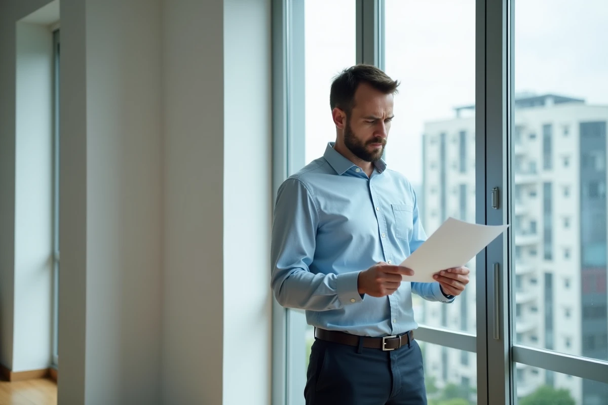 Homme lisant attentivement un contrat de location immobilière avec des conditions et frais à vérifier avant de s'engager