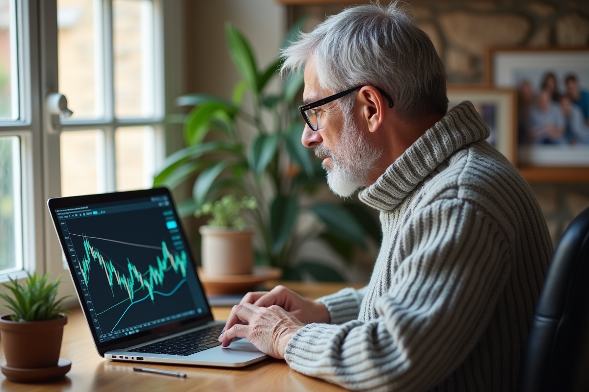 Homme senior regarde un graphique financier sur son ordinateur