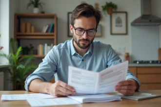 Homme concentré examinant documents de location dans un intérieur organisé