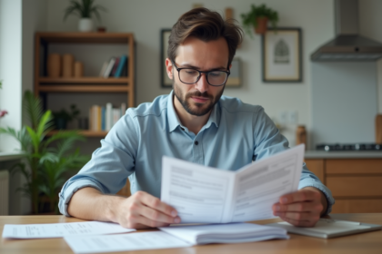 Homme concentré examinant documents de location dans un intérieur organisé