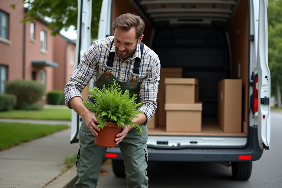 Homme déplaçant une plante dans un camion de déménagement sur rue résidentielle