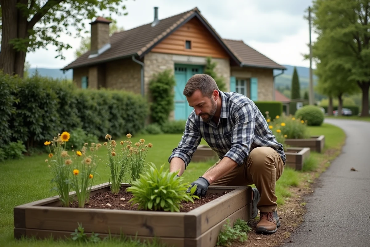 Homme plantant des herbes dans un jardin tranquille