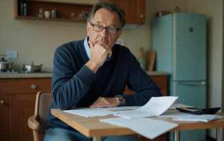 Homme d'âge moyen réfléchissant avec documents à la maison