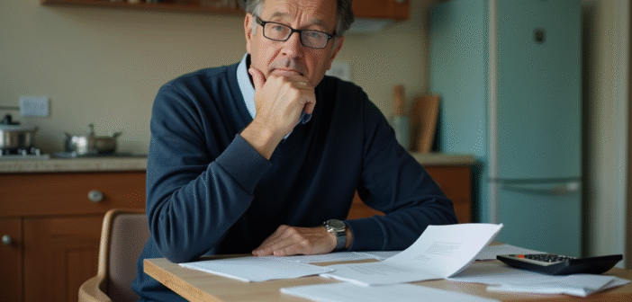 Homme d'âge moyen réfléchissant avec documents à la maison