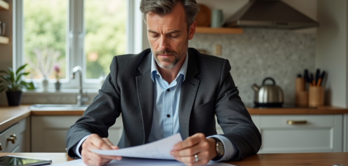 Homme d'âge moyen en blazer dans une cuisine lumineuse