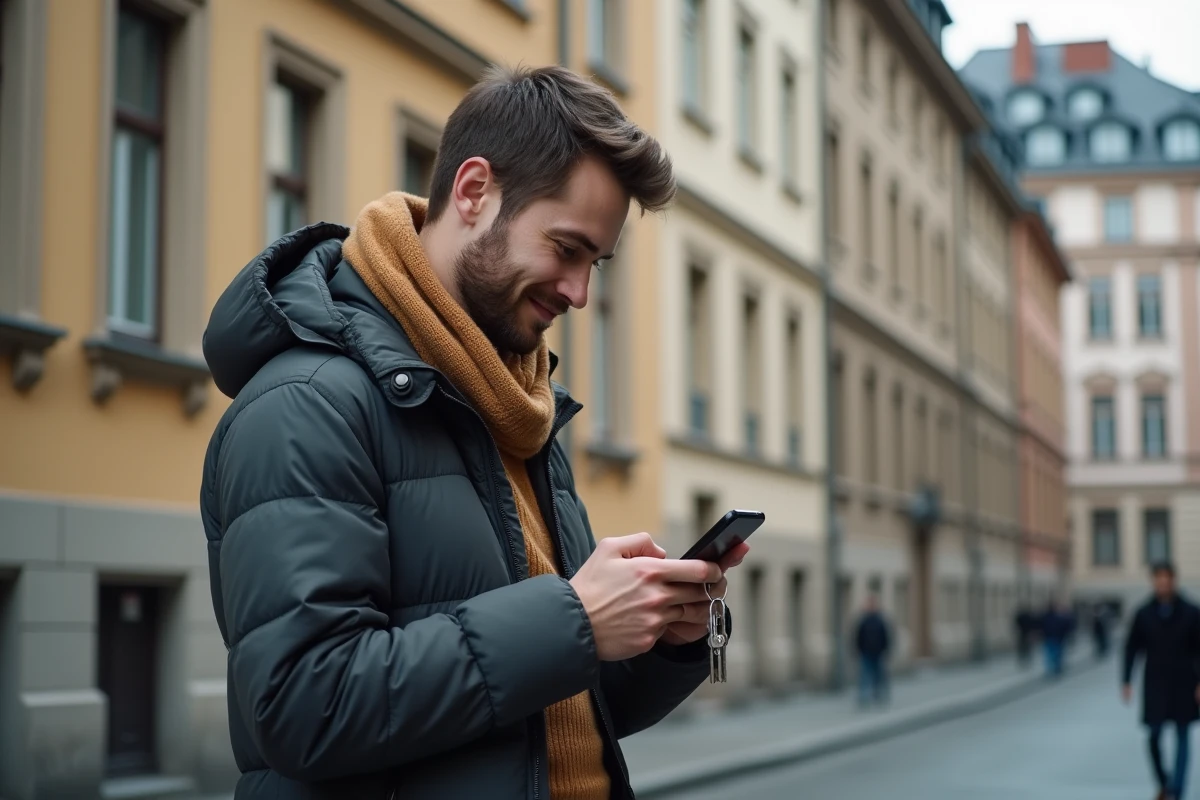 Jeune homme vérifiant son téléphone avec clés devant immeubles berlinois