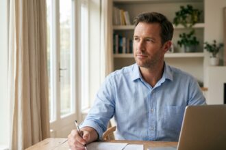 Un homme dans la quarantaine signe un contrat d'assurance emprunteur à son bureau à domicile