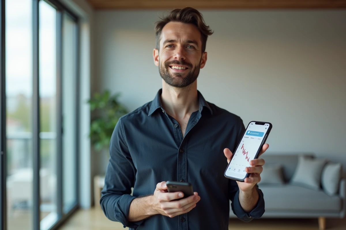 Homme consultant l'historique des prix d'un bien immobilier avec Castorus sur smartphone
