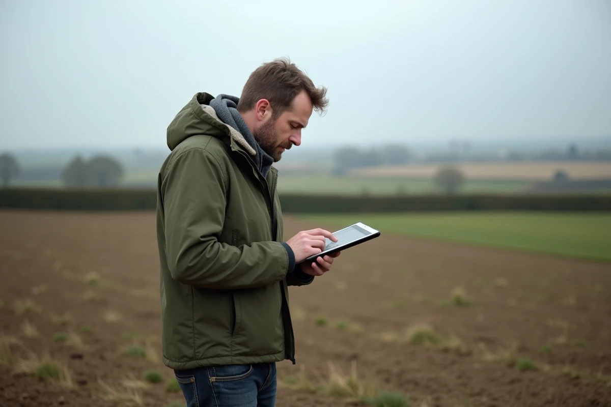 Homme consultant le cadastre en ligne sur une tablette dans un champ pour identifier les limites d'une parcelle agricole