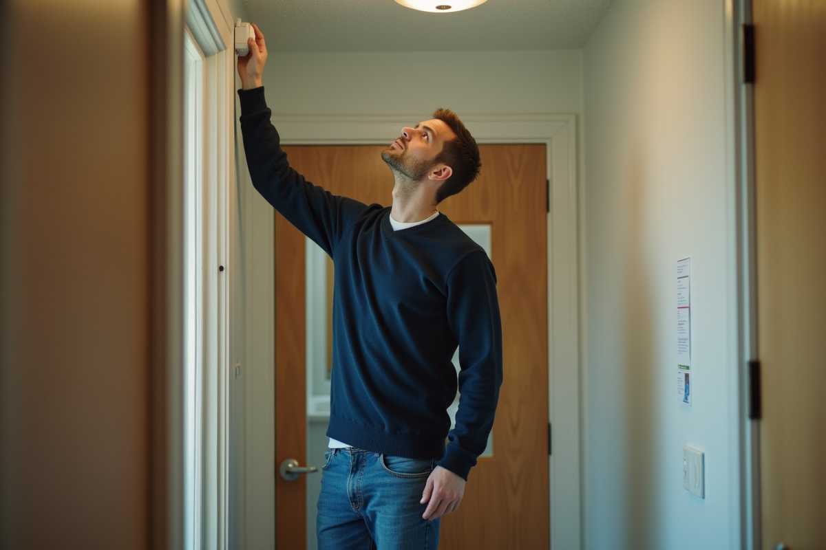 Homme vérifiant un détecteur de fumée dans un couloir d