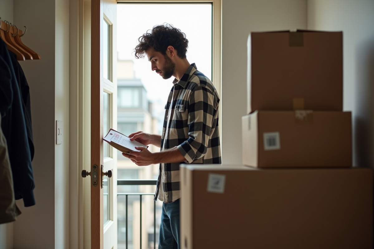 Jeune homme vérifiant sa liste de déménagement dans le couloir