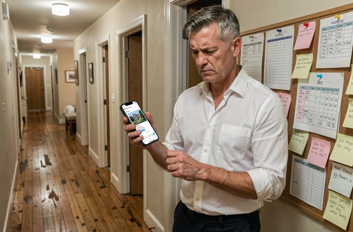 Homme vérifiant une annonce de colocation sur son téléphone dans le couloir d'un appartement partagé