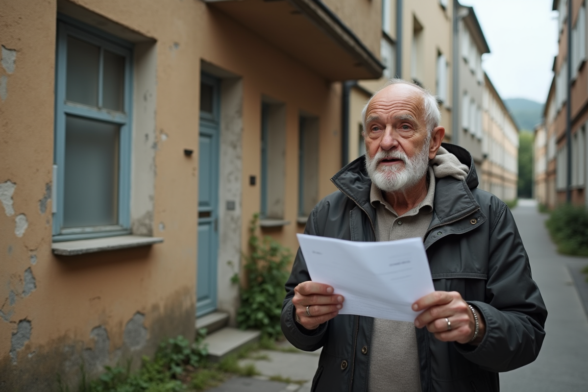 Homme âgé regardant une maison ancienne en ville