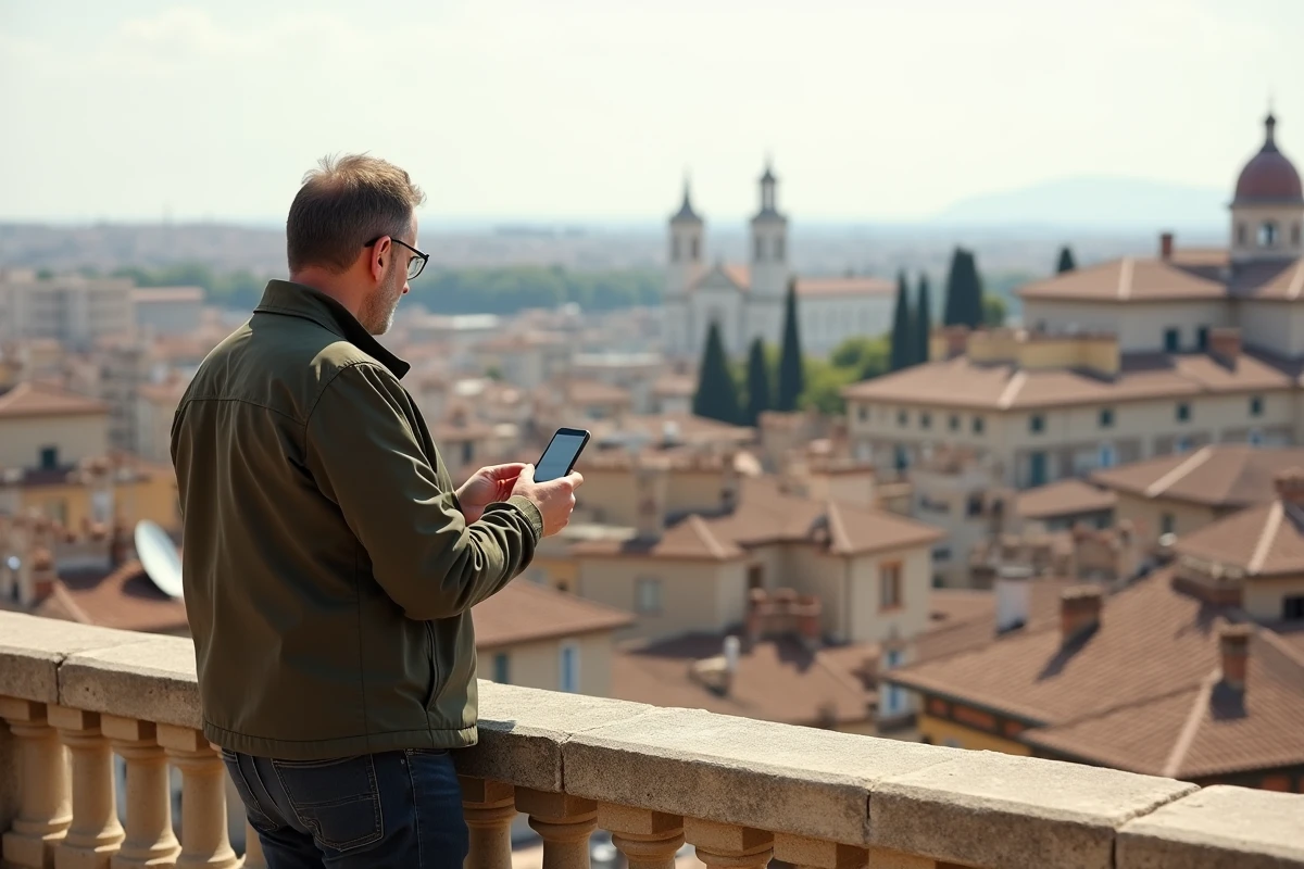 Homme consultant une application immobilière sur une terrasse avec vue panoramique sur les toits et le Palais des Papes d'Avignon