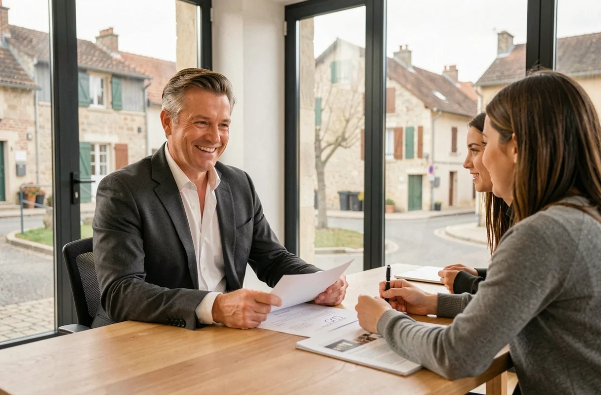 Conseiller de Human Immobilier en Corrèze accompagnant des clients dans un bureau moderne et lumineux