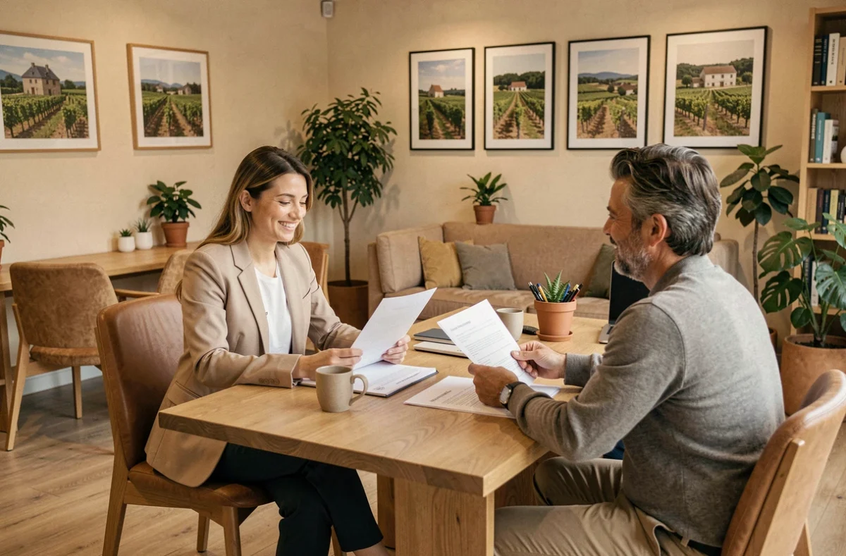Conseillère de Human Immobilier Gaillac en réunion avec des clients dans un bureau chaleureux