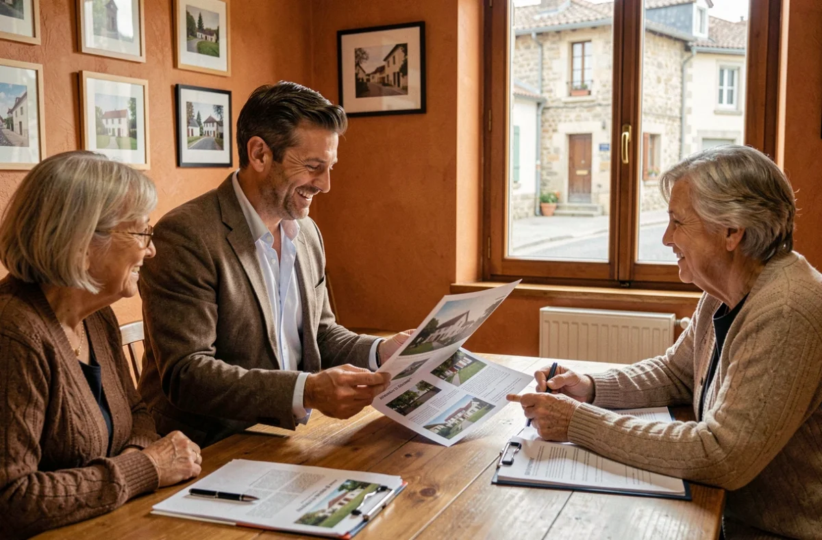 Agent de Human Immobilier à Saint-Junien en consultation avec un couple dans les bureaux de l'agence