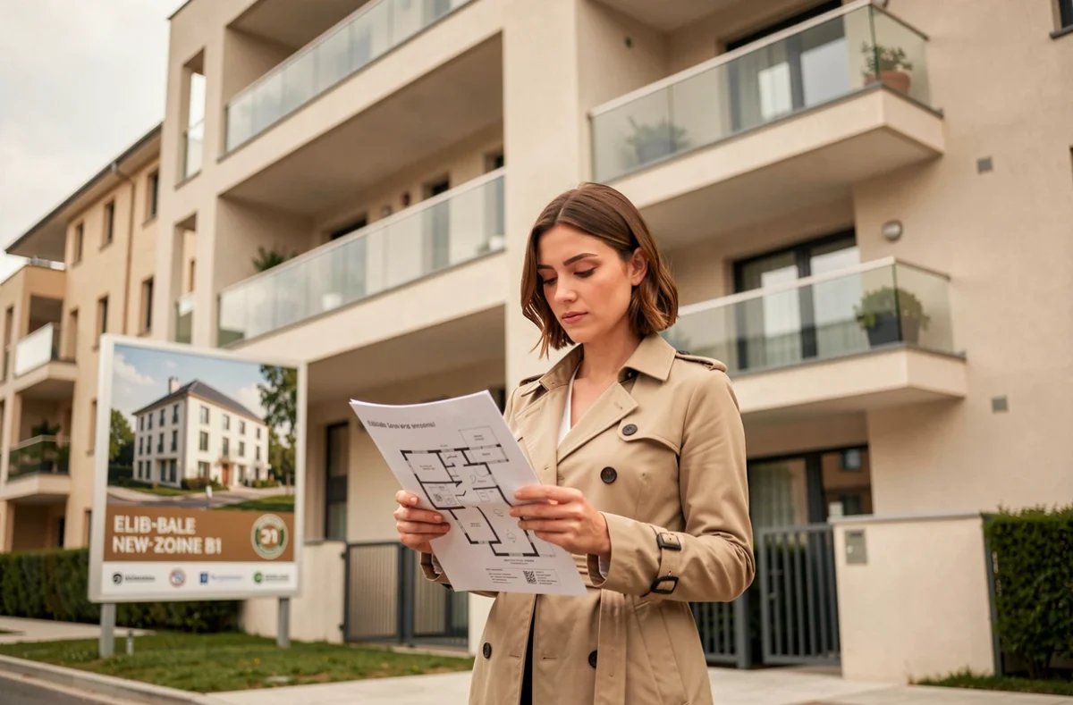 Jeune femme devant un immeuble neuf éligible au PTZ et à la loi Pinel en zone B1 en France