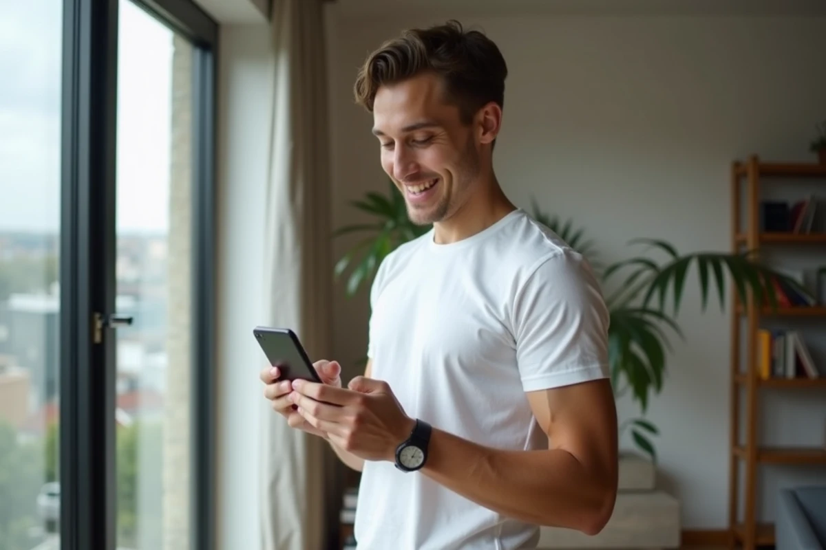 Jeune débutant tenant un smartphone affichant la confirmation d'inscription à une plateforme de prop trading, illustrant les premières étapes après l'ouverture d'un compte
