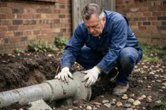 Plombier inspectant une canalisation en fibrociment exposée dans une tranchée de jardin résidentiel