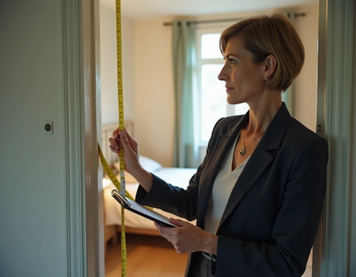 Inspectrice mesurant une petite chambre lors d'un contrôle de conformité dans un appartement T3, risques pour le bailleur