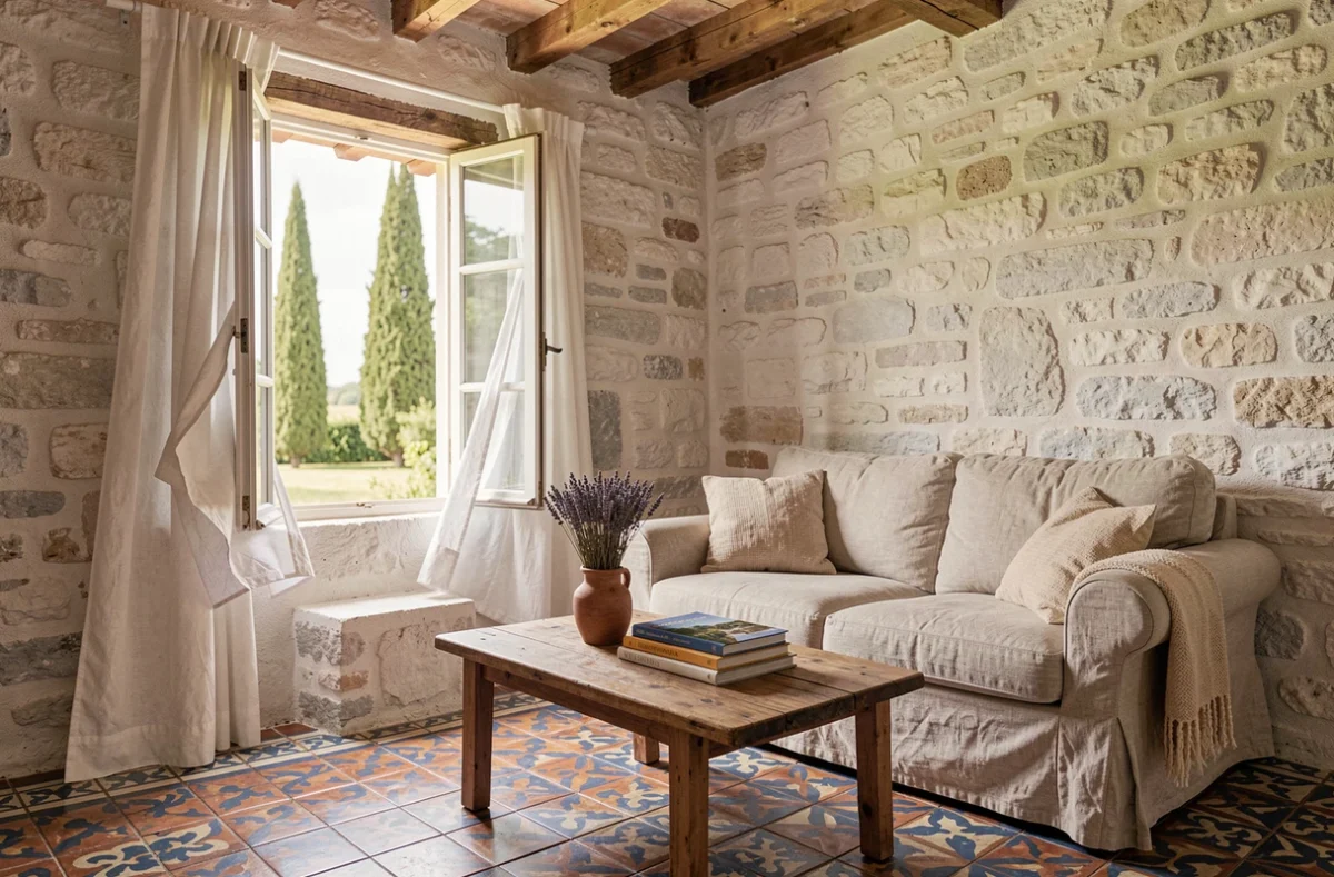 Intérieur chaleureux d'une petite maison à louer dans les Pyrénées-Orientales avec poutres apparentes et carrelage catalan