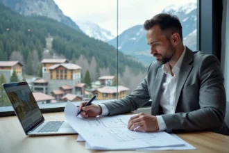 Investisseur immobilier consultant des documents d'achat de propriété en Andorre avec vue sur les montagnes