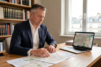 Investisseur immobilier analysant des documents de zonage urbain et des cartes de villes en zone tendue pour préparer un investissement locatif en 2026