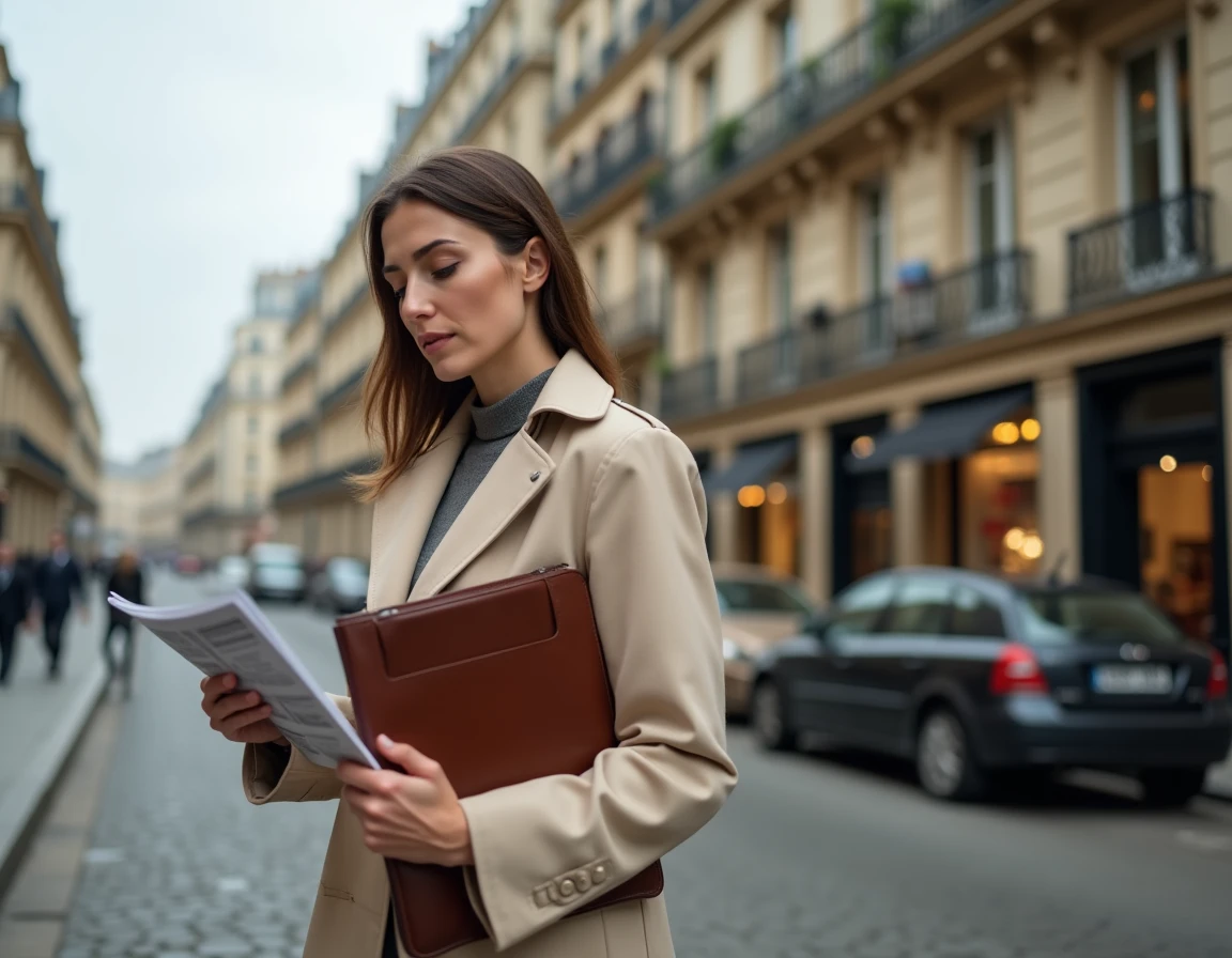 Femme investisseuse étudiant des brochures immobilières devant un immeuble haussmannien à Paris