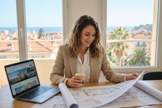 Jeune femme active consultant des documents immobiliers avec vue sur les toits de Nice
