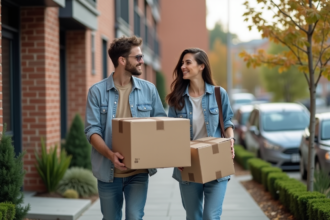 Jeune couple souriant sortant de leur appartement avec des cartons