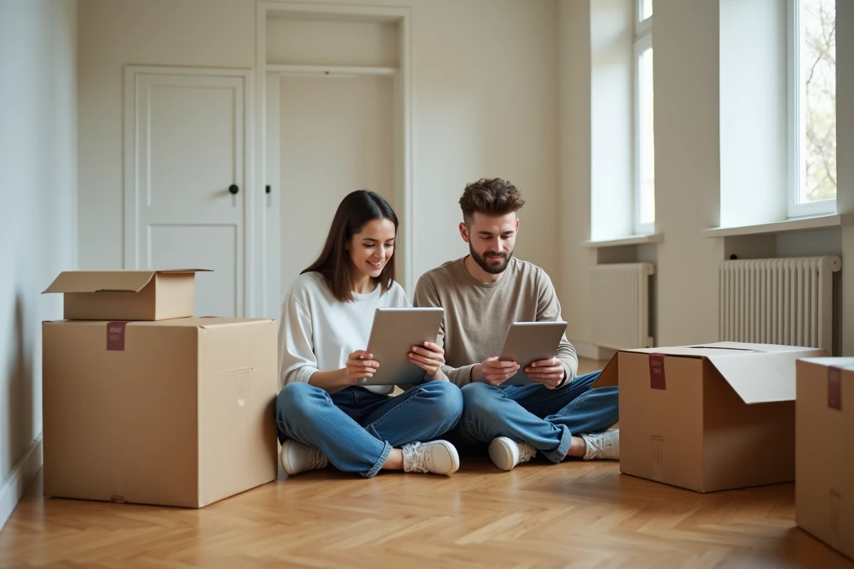 Jeune couple assis sur le sol avec cartons dans un nouvel appartement