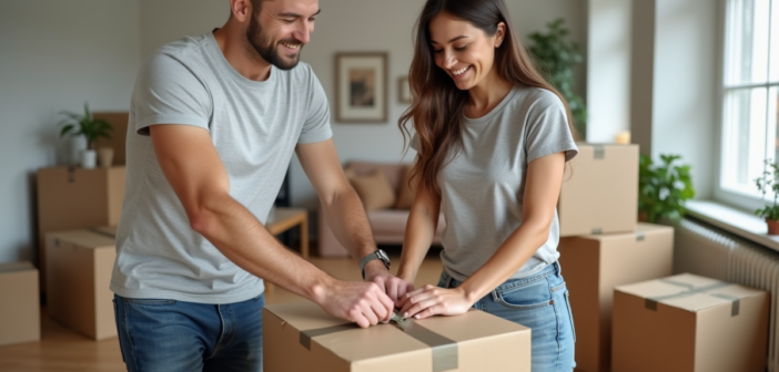 Jeune couple emballant une boîte de déménagement dans un salon moderne