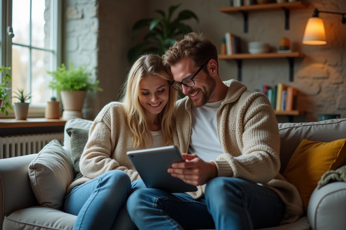 Jeune couple discutant d annonces dans leur salon cosy