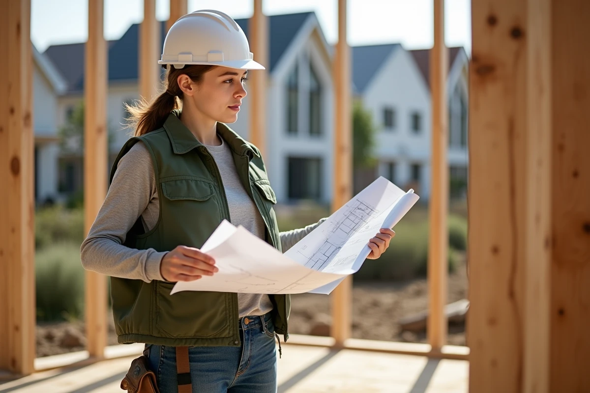 Jeune femme inspectant une maison écologique en construction