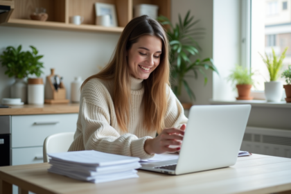 Jeune femme souriante vérifiant un contrat de location dans une cuisine lumineuse