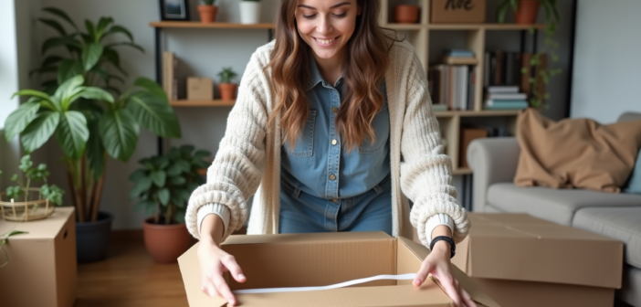 Jeune femme souriante en déménagement dans un appartement