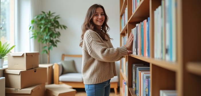 Jeune femme arrangeant des livres dans un salon lumineux
