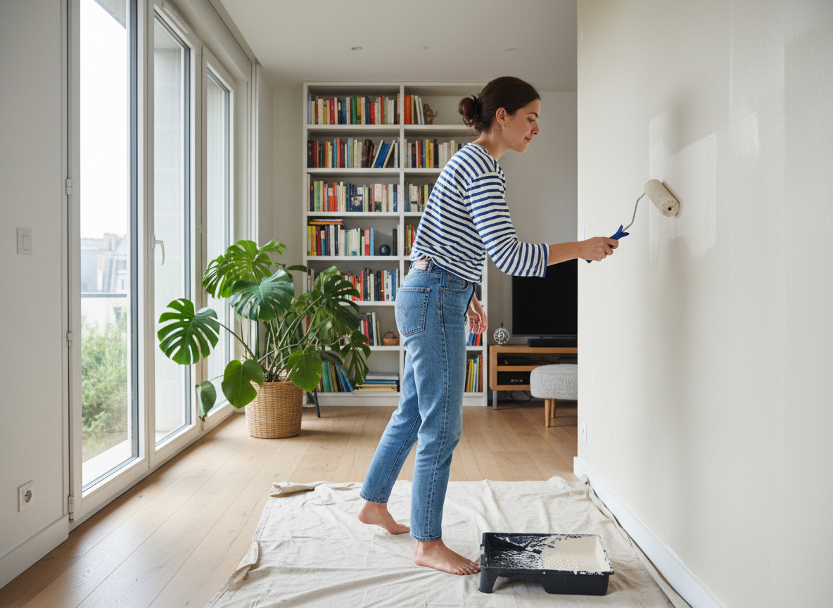Jeune femme en jeans et marinière peignant un mur intérieur